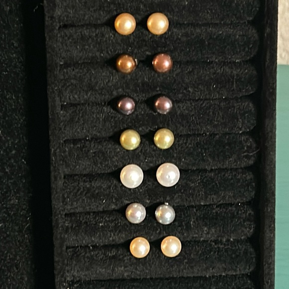 Jewelry - 7 Pairs Cultured Freshwater Natural and Dyed Pearl Round Stud Earring Set